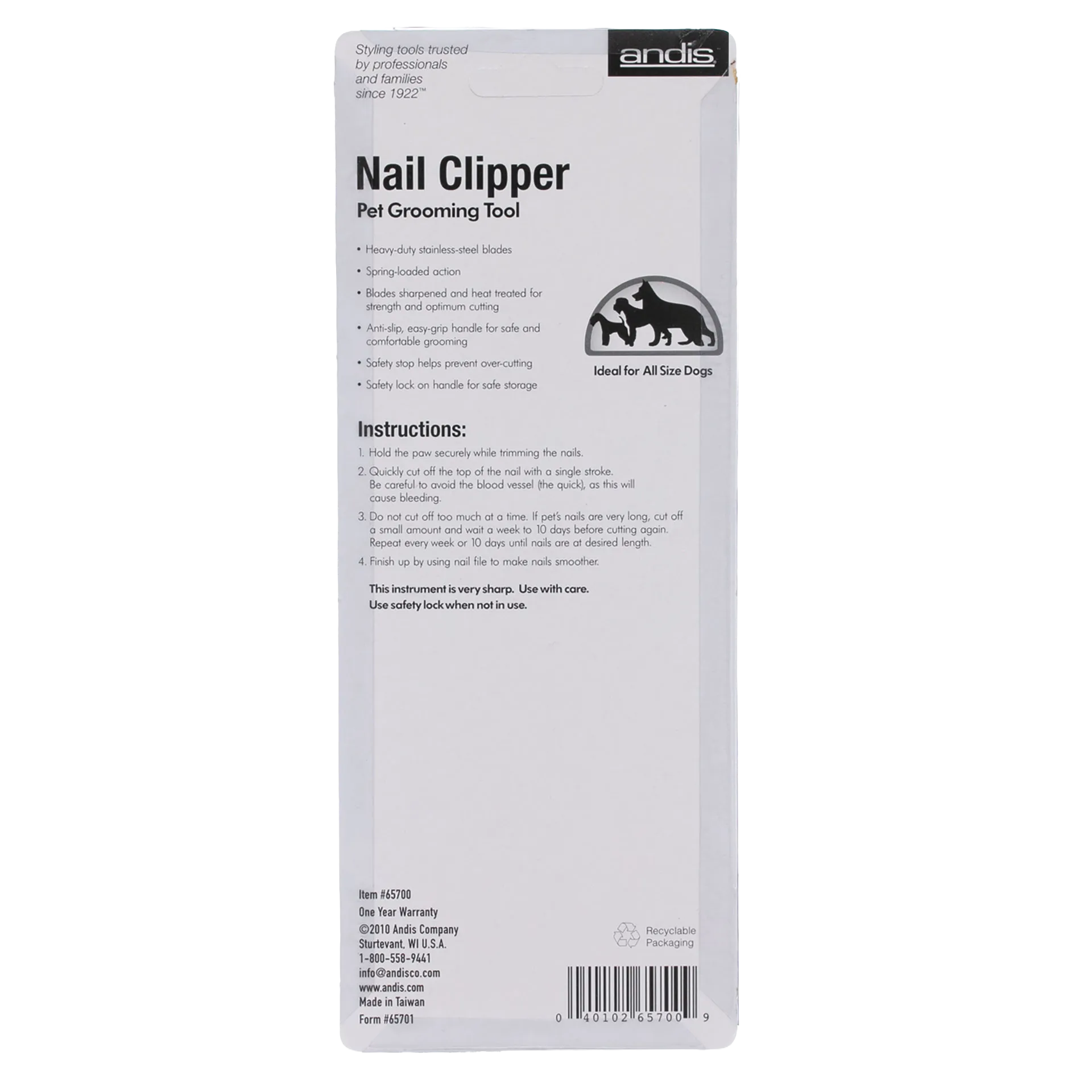 Andis® Nail Clipper,"Back of blister packaging with instructions and barcode"