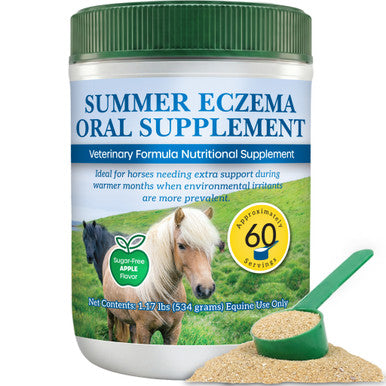 Summer Eczema,"Supplement tub with horse image and green scoop of powder"