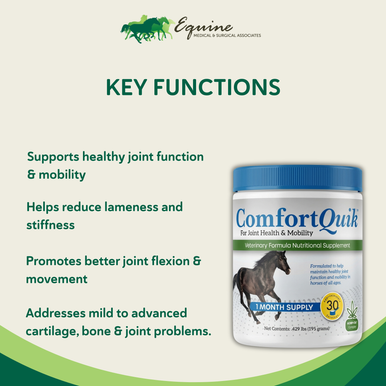 Comfort Quik™,"Supplement jar with blue lid and horse label"