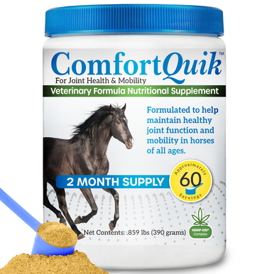 Comfort Quik™,"White supplement jar with blue lid and horse image"