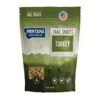 Trail Snacks: Freeze-Dried Raw Dog Treats,"Green stand-up pouch with clear window and turkey graphic"