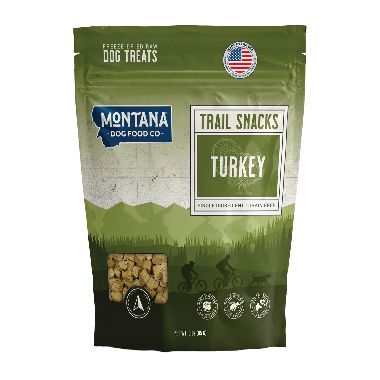 Trail Snacks: Freeze-Dried Raw Dog Treats,"Green stand-up pouch with clear window and turkey graphic"