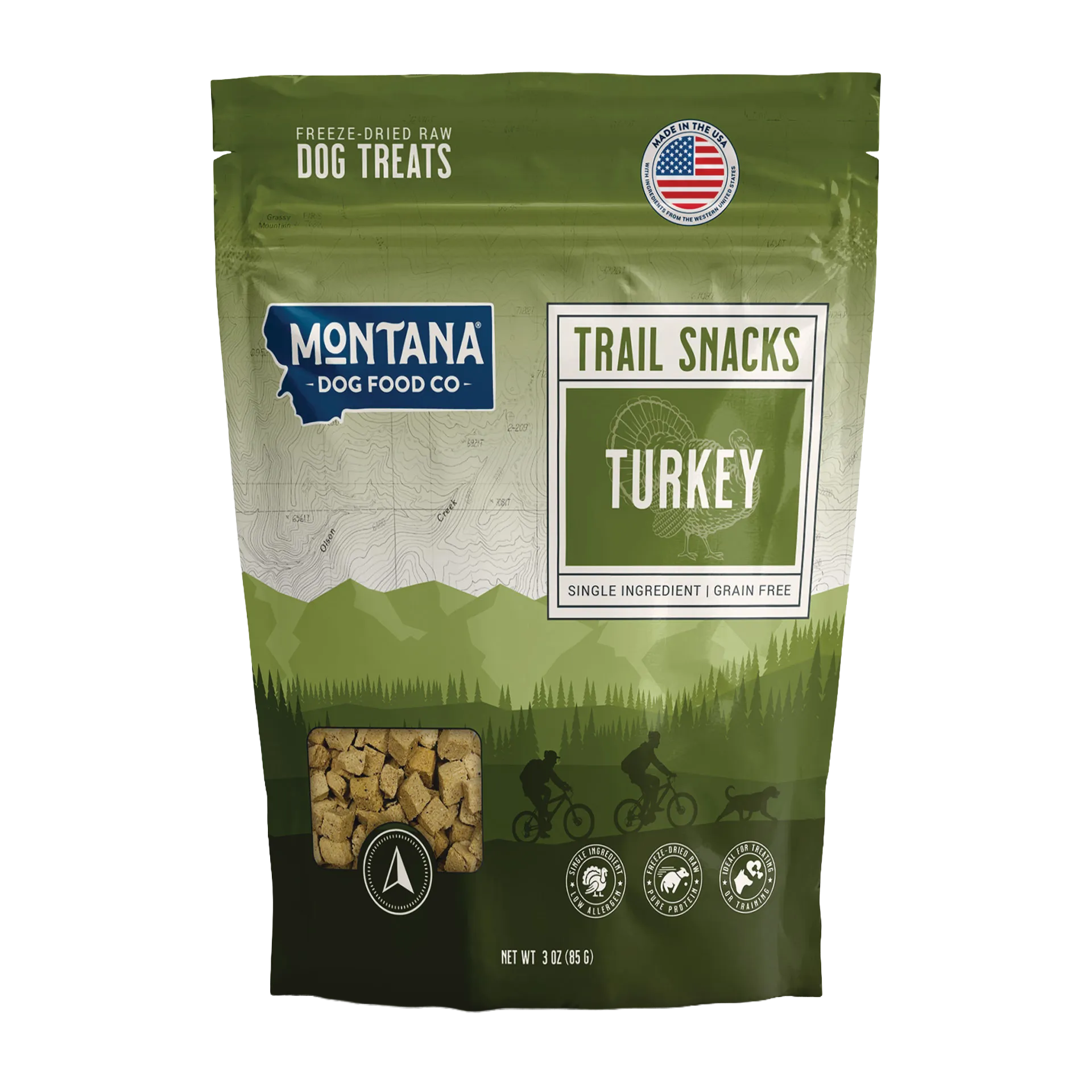 Trail Snacks: Freeze-Dried Raw Dog Treats,"Green stand-up pouch with clear window and turkey graphic"