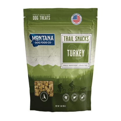Trail Snacks: Freeze-Dried Raw Dog Treats,"Green stand-up pouch with clear window and turkey graphic"