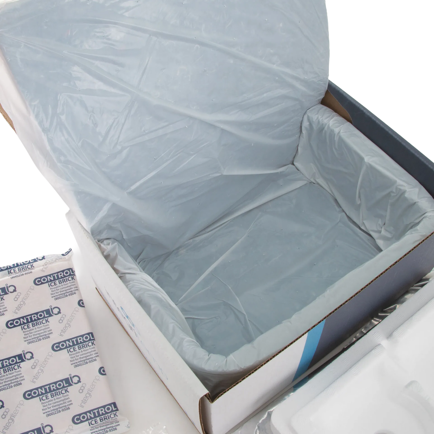 EquiSaver Cooled Semen Shipper,"Open insulated shipping box with plastic liner and ice packs"