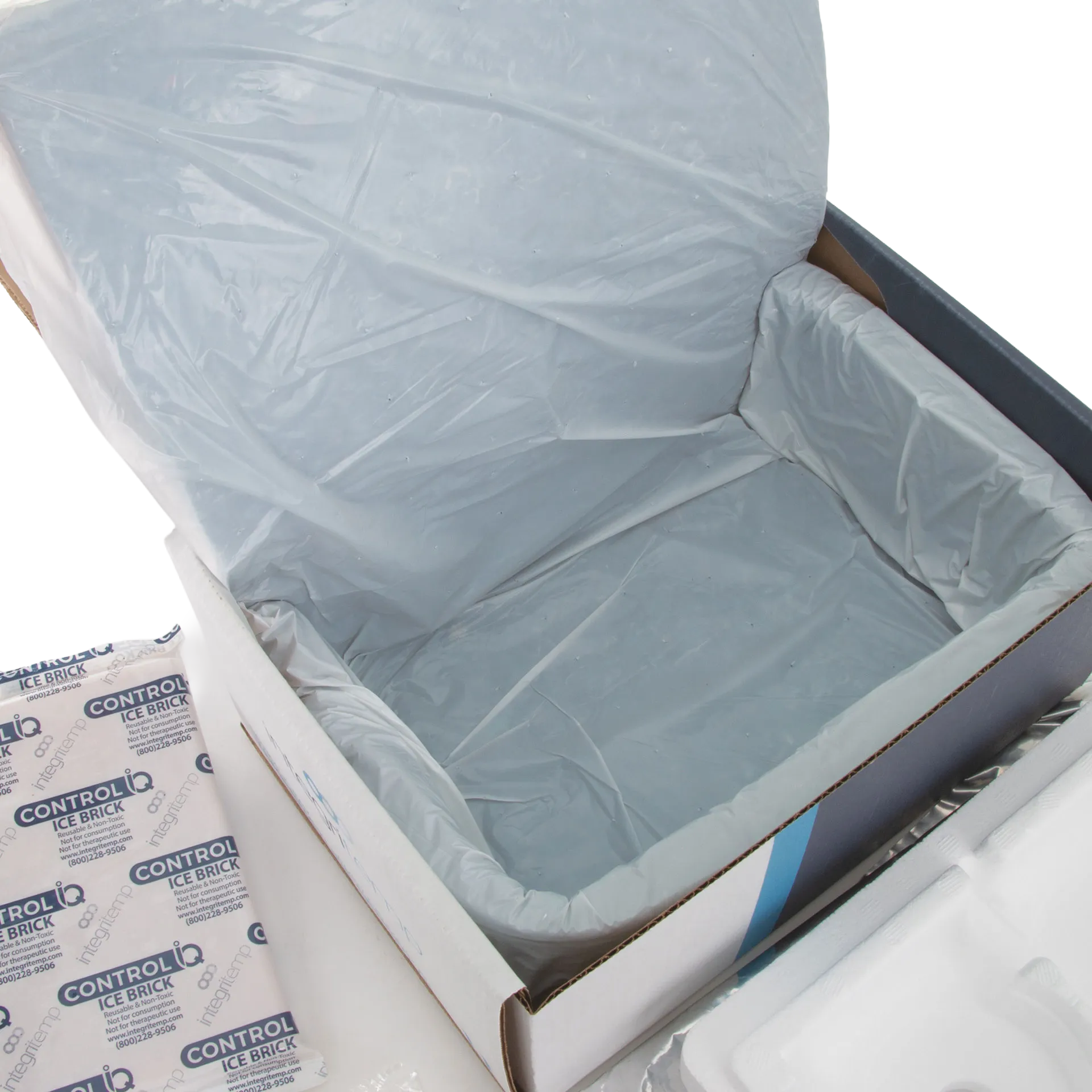 EquiSaver Cooled Semen Shipper,"Open insulated shipping box with plastic liner and ice packs"