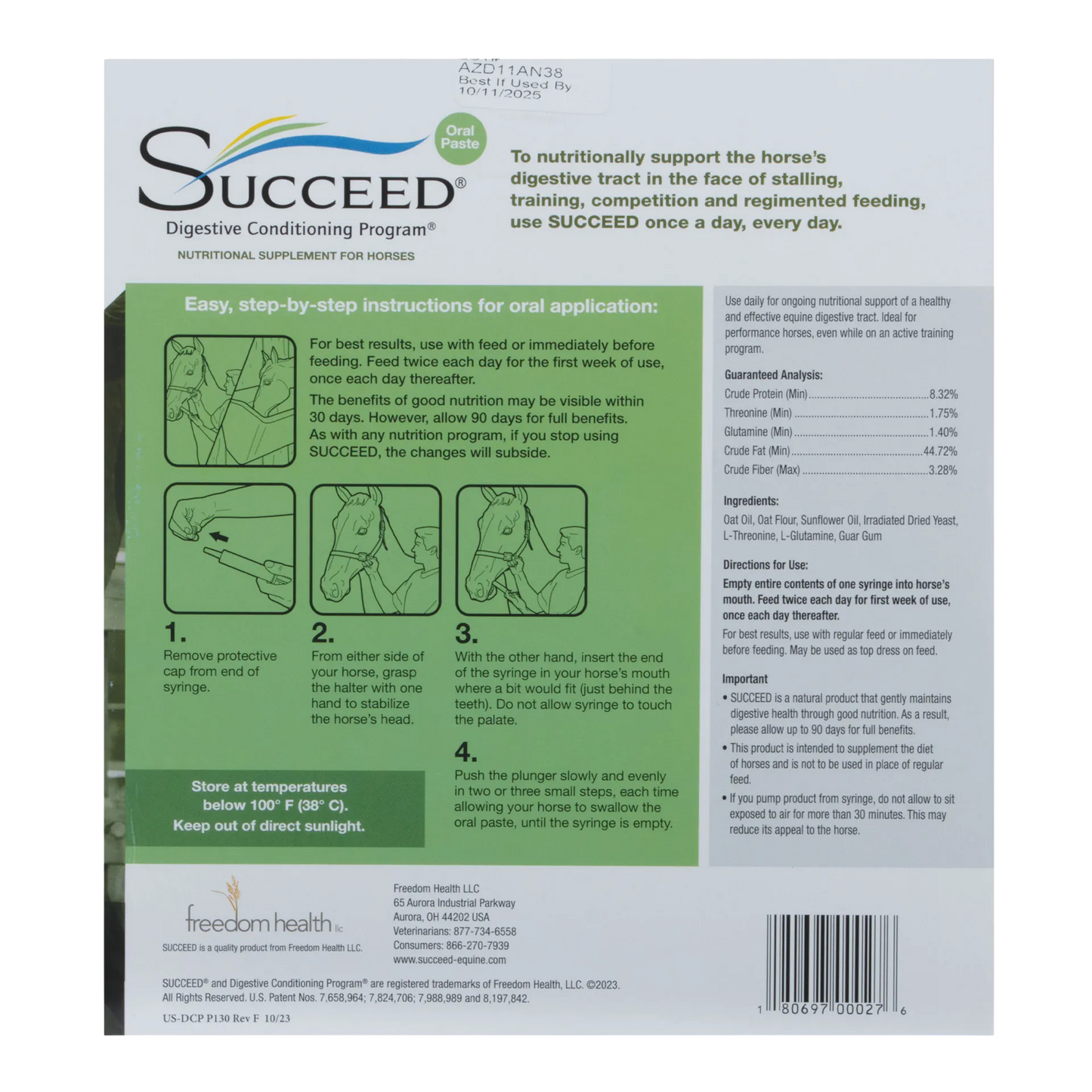 SUCCEED® DCP,"Back label with oral paste directions and horse illustrations"