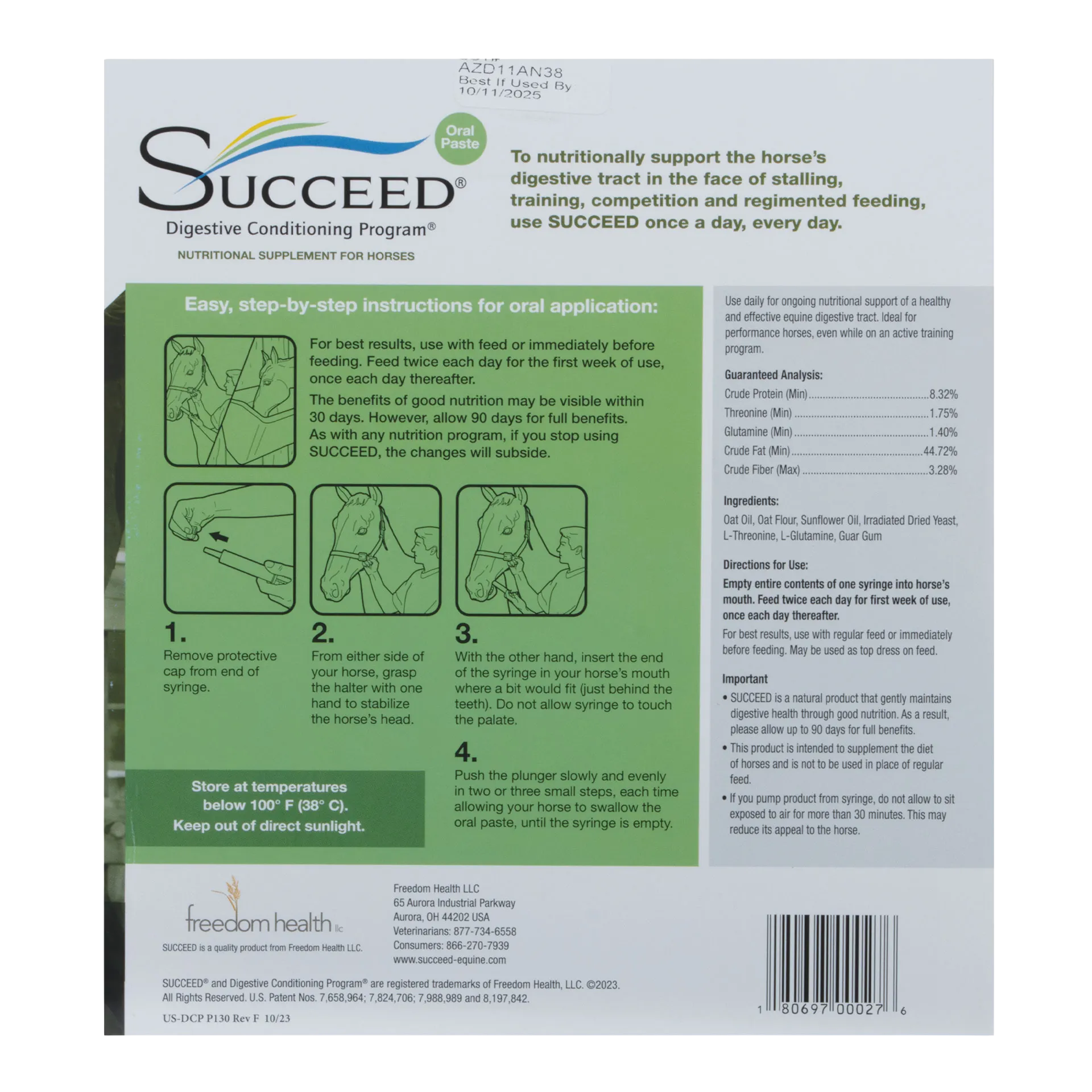 SUCCEED® DCP,"Back label with oral paste directions and horse illustrations"