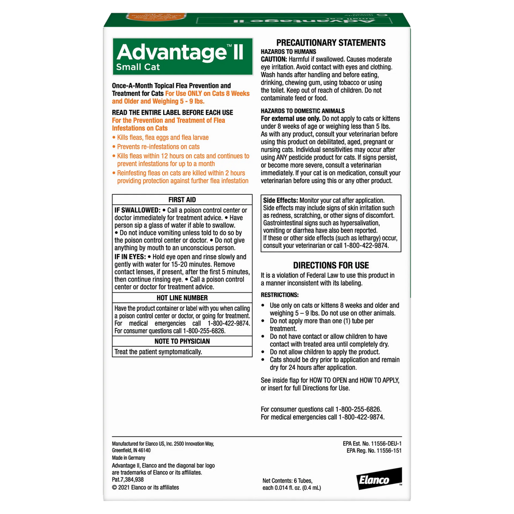Advantage™ II for Cats,"Back of product box with usage and warning panels"