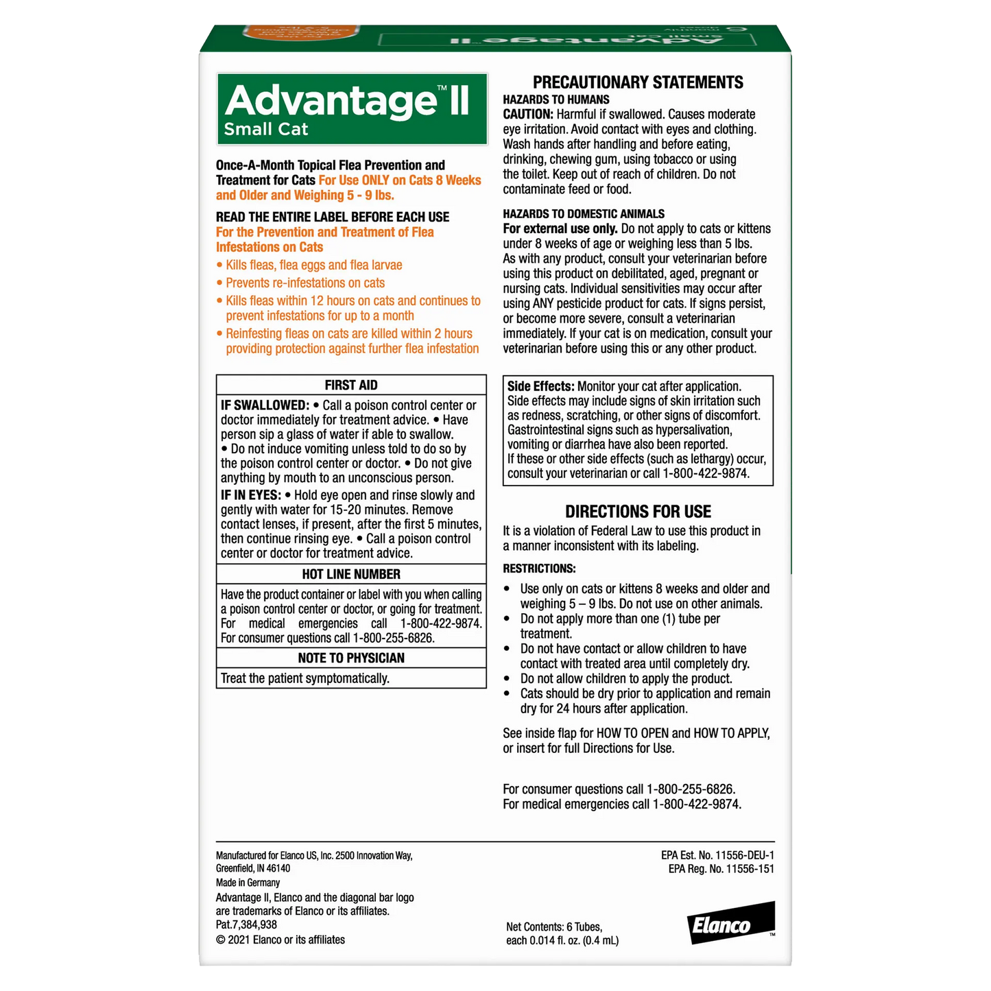 Advantage™ II for Cats,"Back of product box with usage and warning panels"