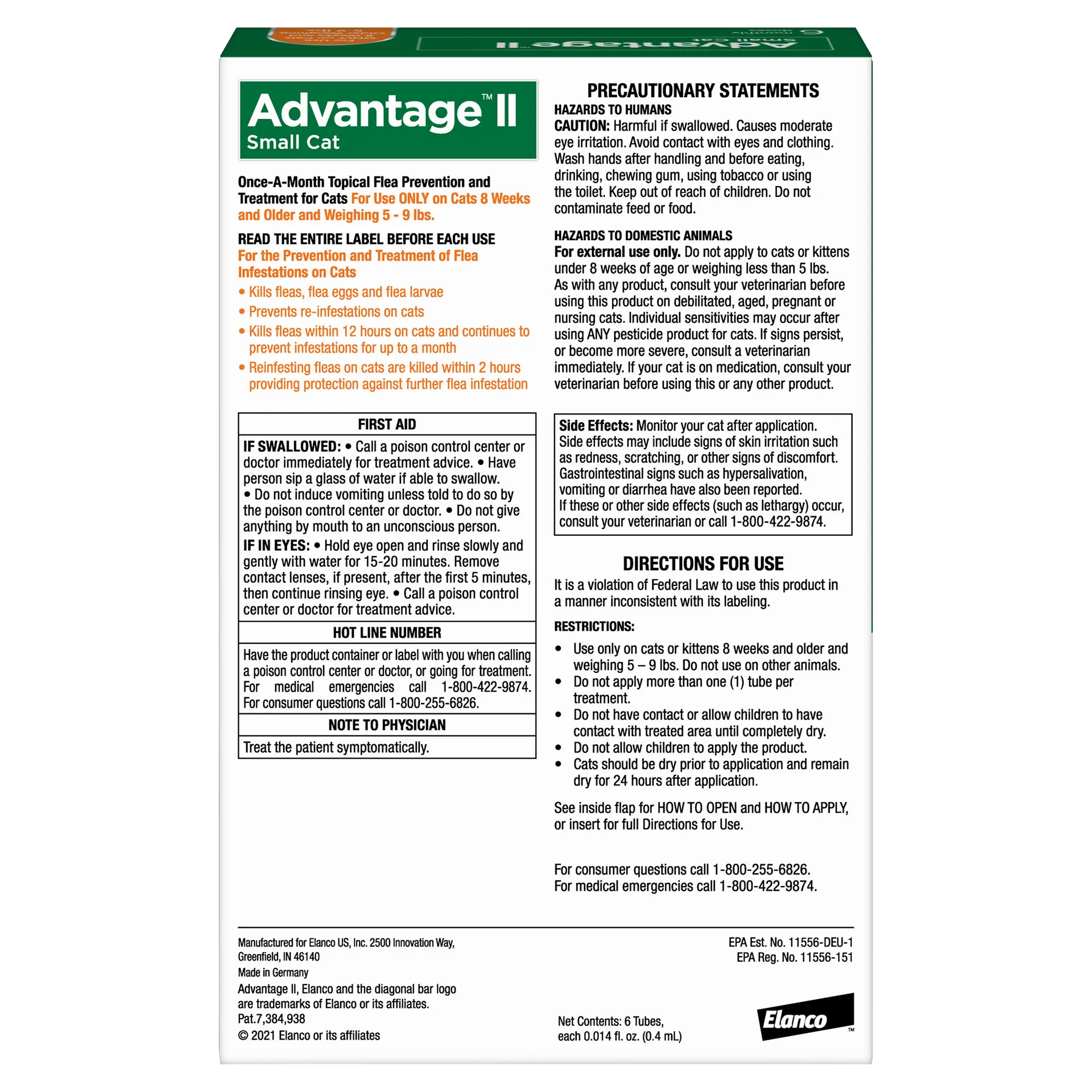 Advantage™ II for Cats,"Back of product box with usage and warning panels"