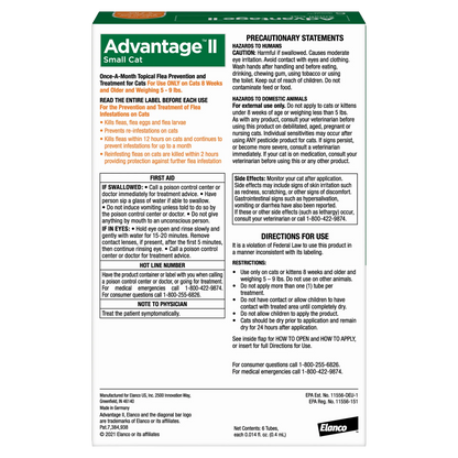 Advantage™ II for Cats,"Back of product box with usage and warning panels"