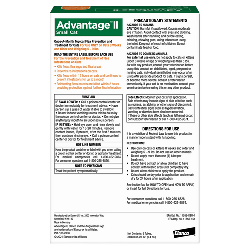 Advantage™ II for Cats,"Back of product box with usage and warning panels"