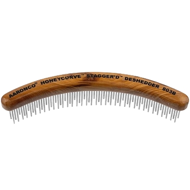Aaronco 7"" HoneyCurve Staggered Pins Comb Wood Handle","Curved wooden pet comb with staggered metal pins"