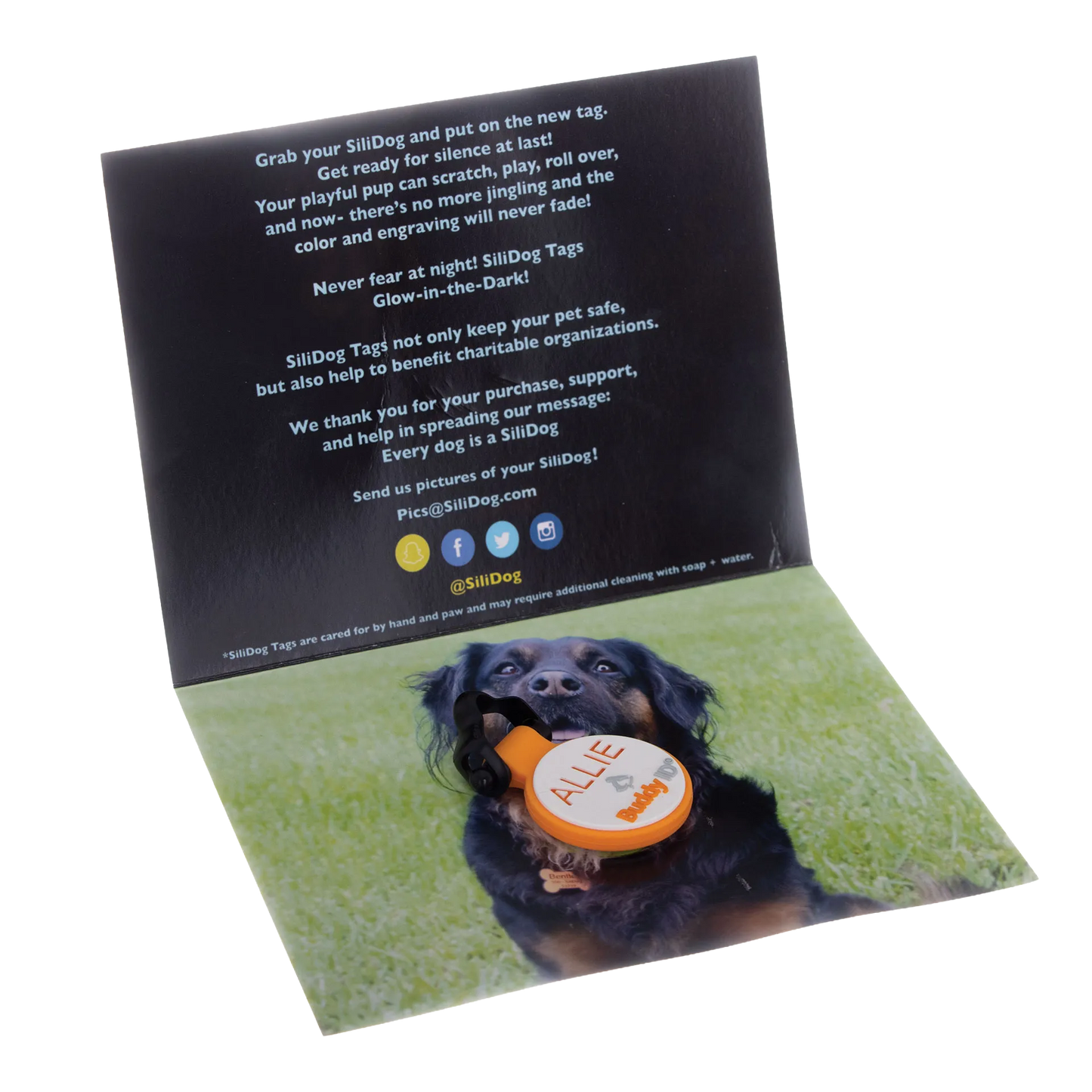 Personalized BuddyID® BuddyBadge® Silicone Collar Tag,"Orange round silicone collar tag on folded display card"
