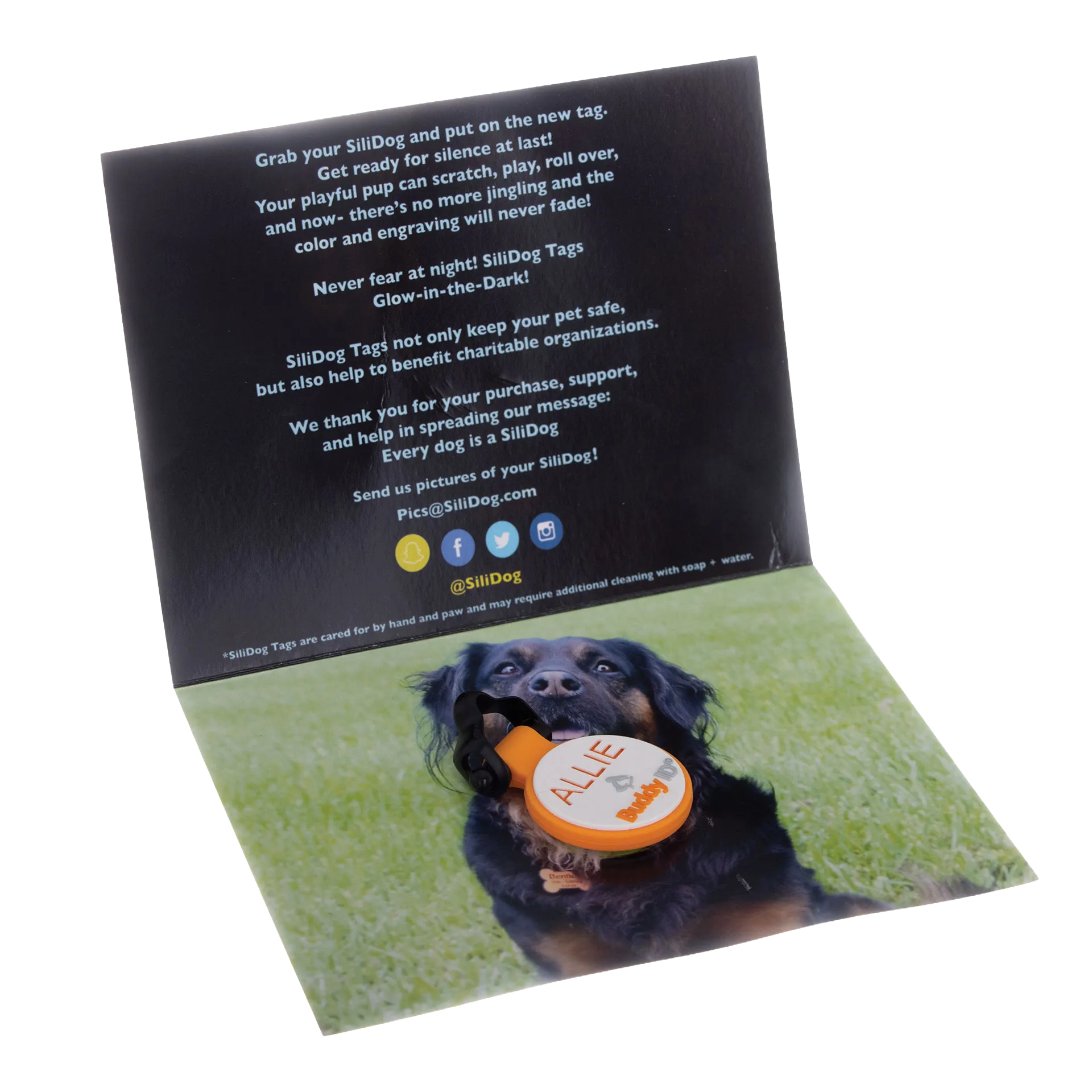 Personalized BuddyID® BuddyBadge® Silicone Collar Tag,"Orange round silicone collar tag on folded display card"