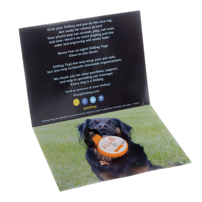 Personalized BuddyID® BuddyBadge® Silicone Collar Tag,"Orange round silicone collar tag on folded display card"