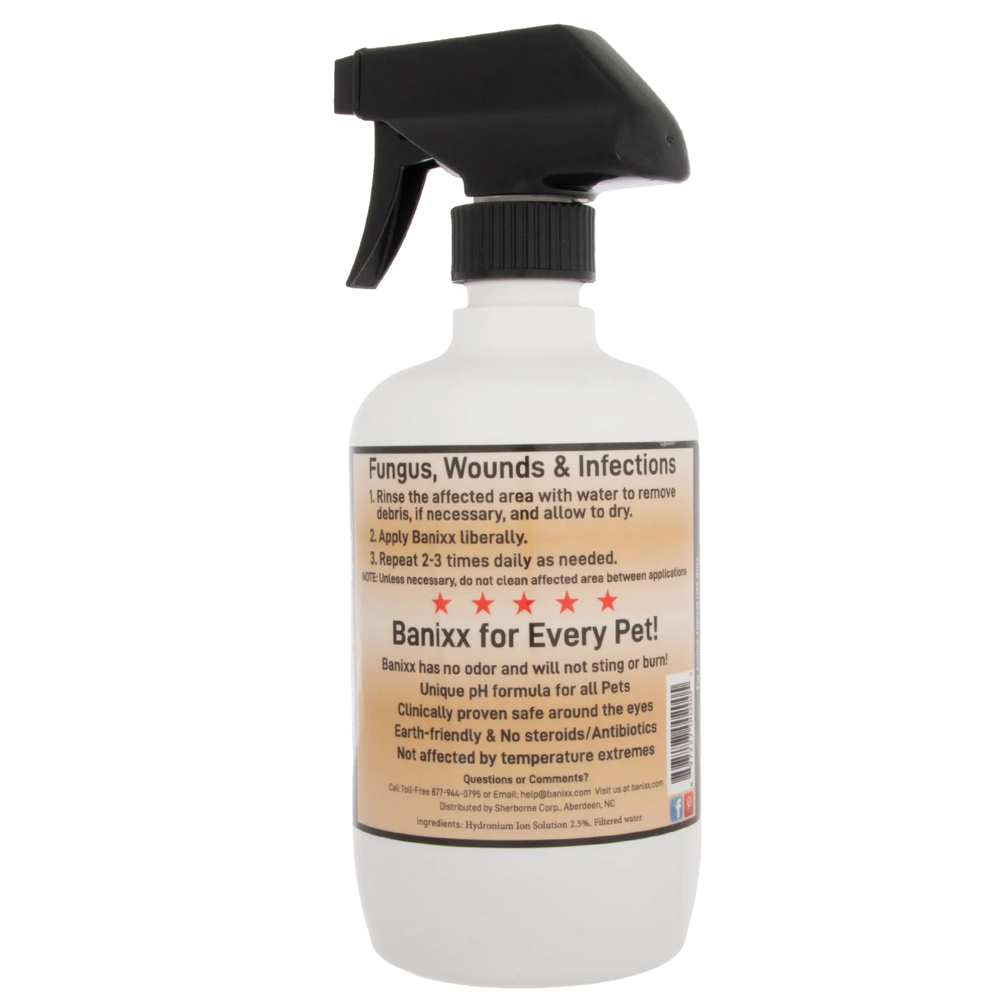 Banixx® Horse and Pet Care Spray,"White spray bottle with black trigger nozzle, back label view"