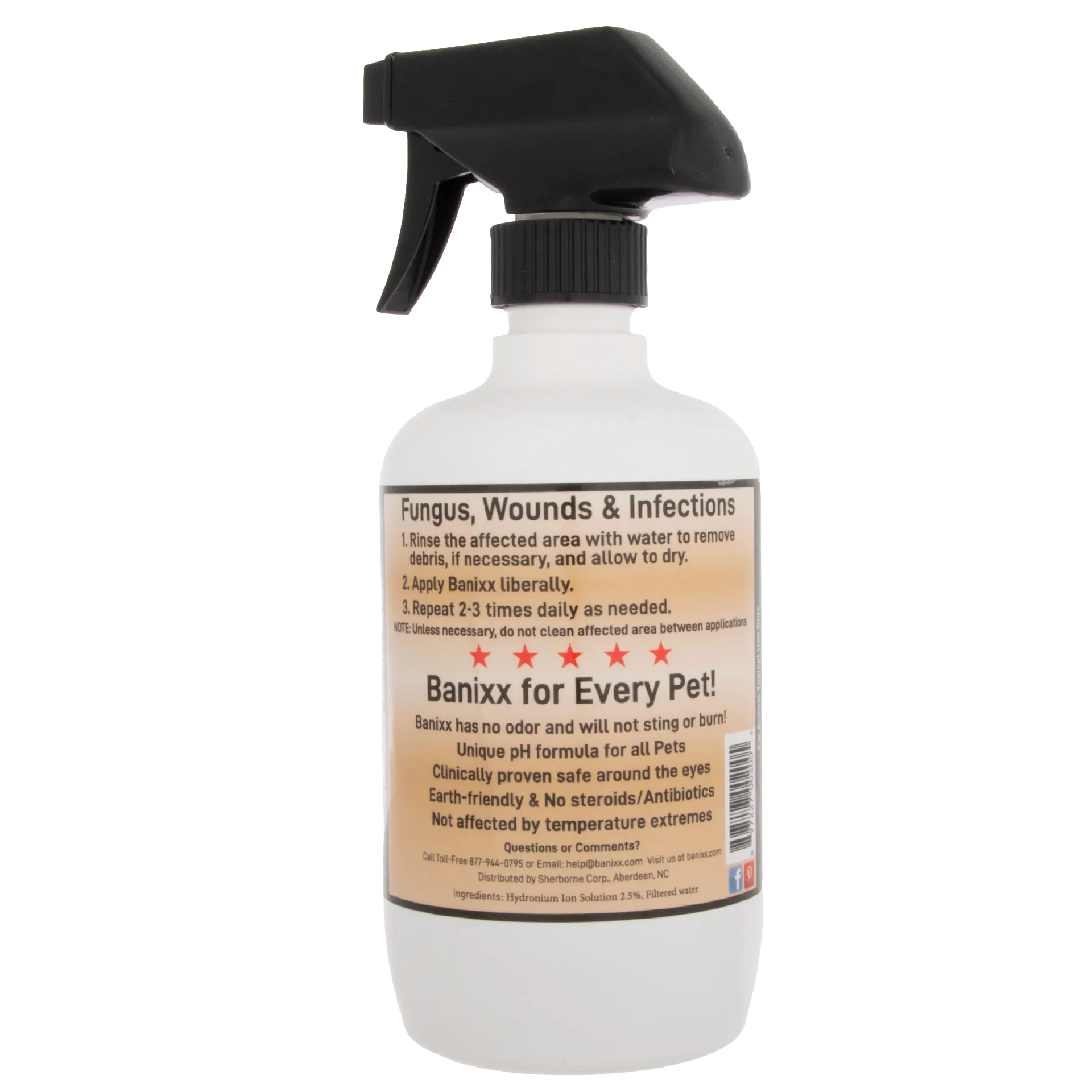 Banixx® Horse and Pet Care Spray,"White spray bottle with black trigger nozzle, back label view"