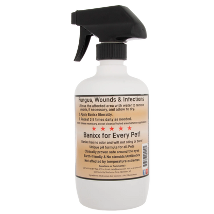 Banixx® Horse and Pet Care Spray,"White spray bottle with black trigger nozzle, back label view"
