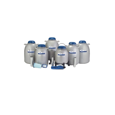 HC Series -High Capacity Tanks,"Group of silver storage tanks with blue lids and accessories"