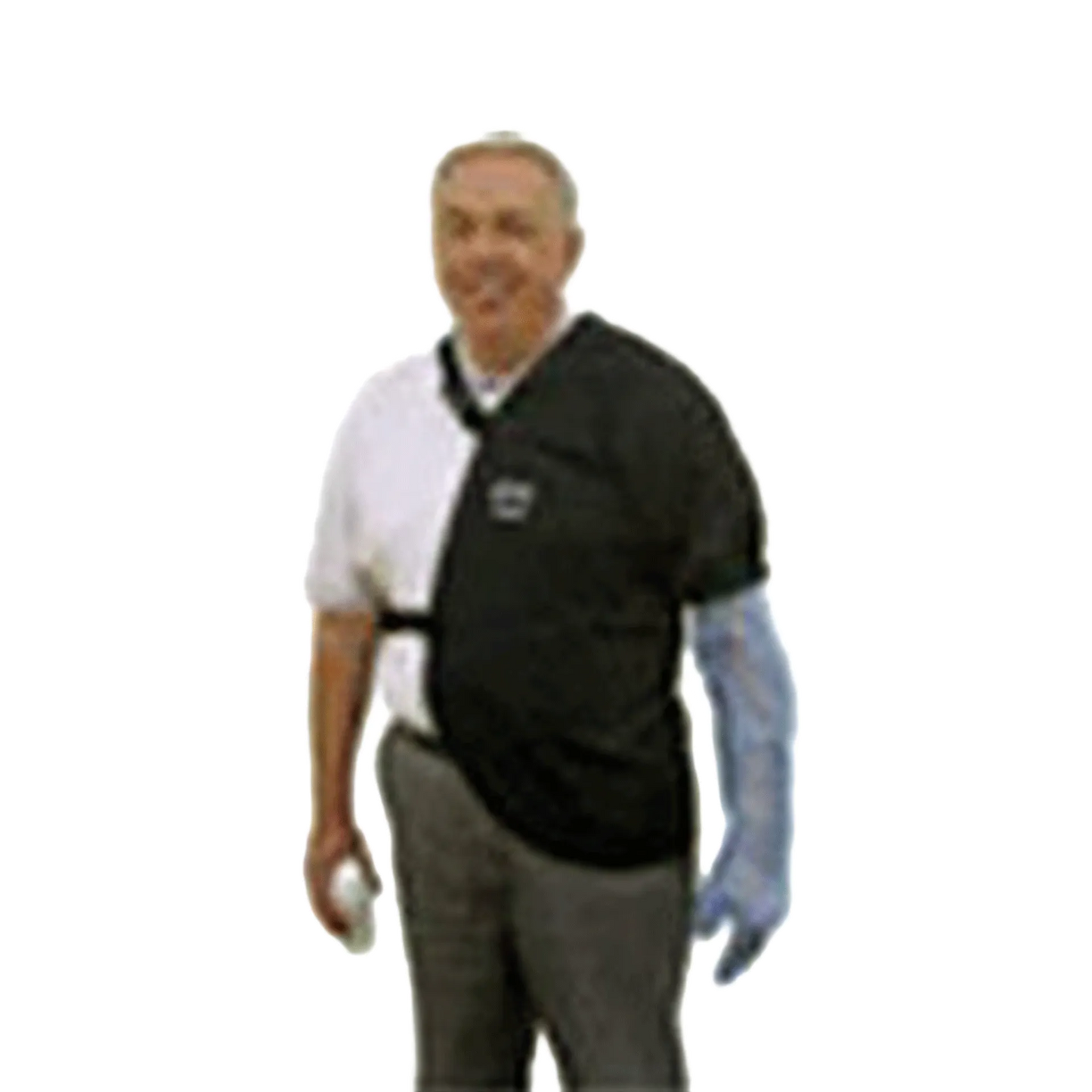 Shoulder Guard,"Black shoulder immobilizer worn over one shoulder and arm"
