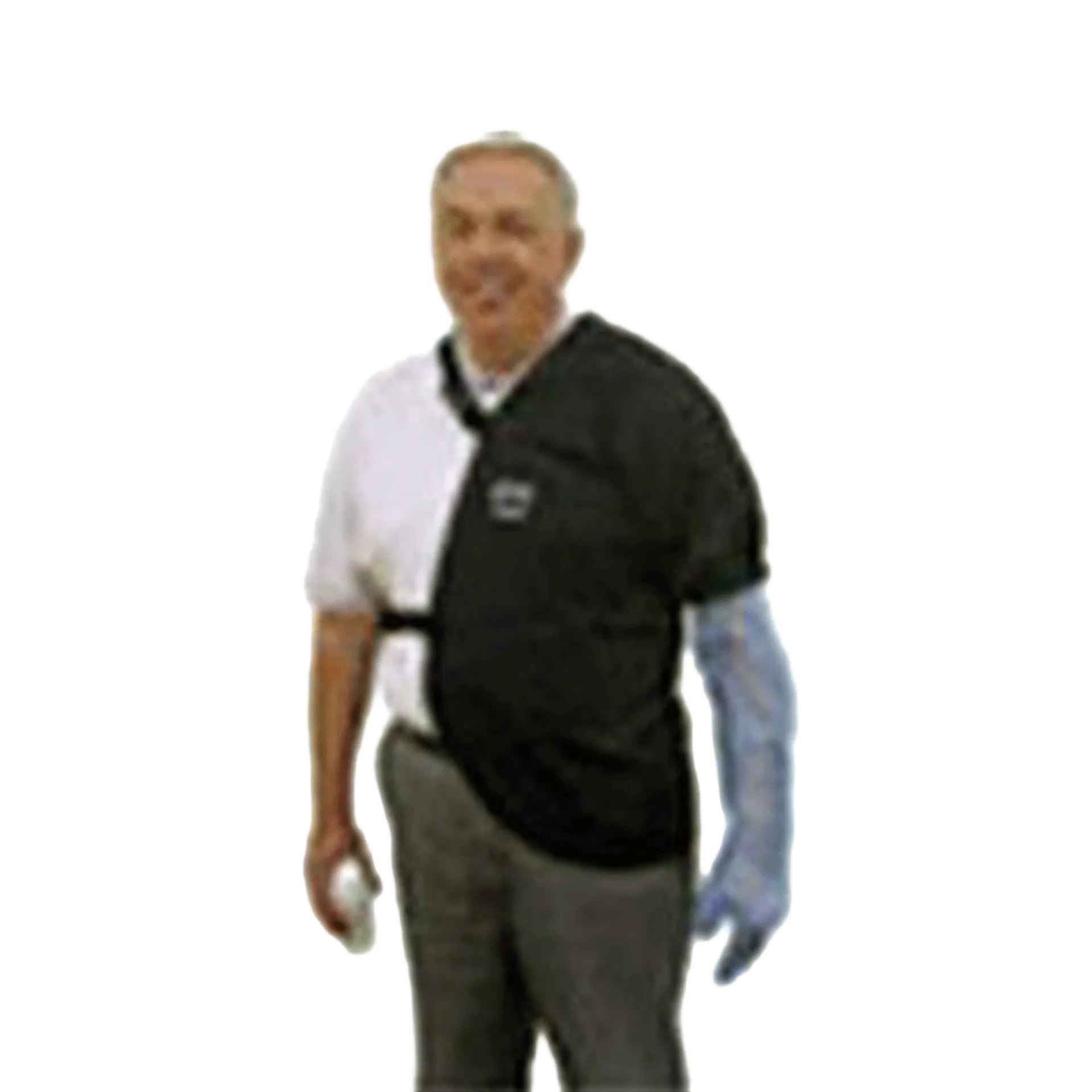 Shoulder Guard,"Black shoulder immobilizer worn over one shoulder and arm"