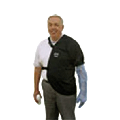 Shoulder Guard,"Black shoulder immobilizer worn over one shoulder and arm"
