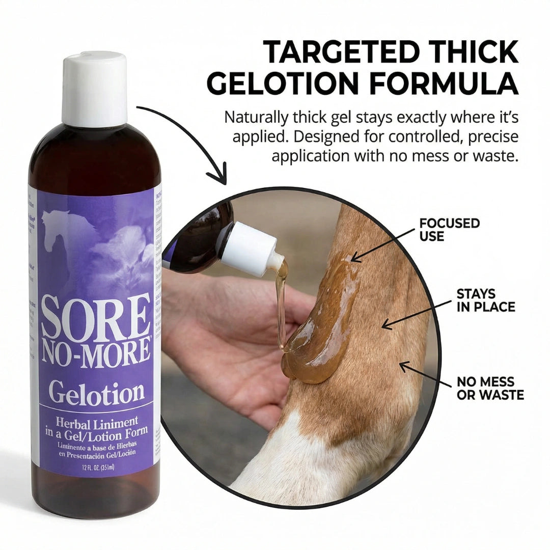 Sore No-More® Classic Gelotion,"Bottle pouring gel onto a horse leg"