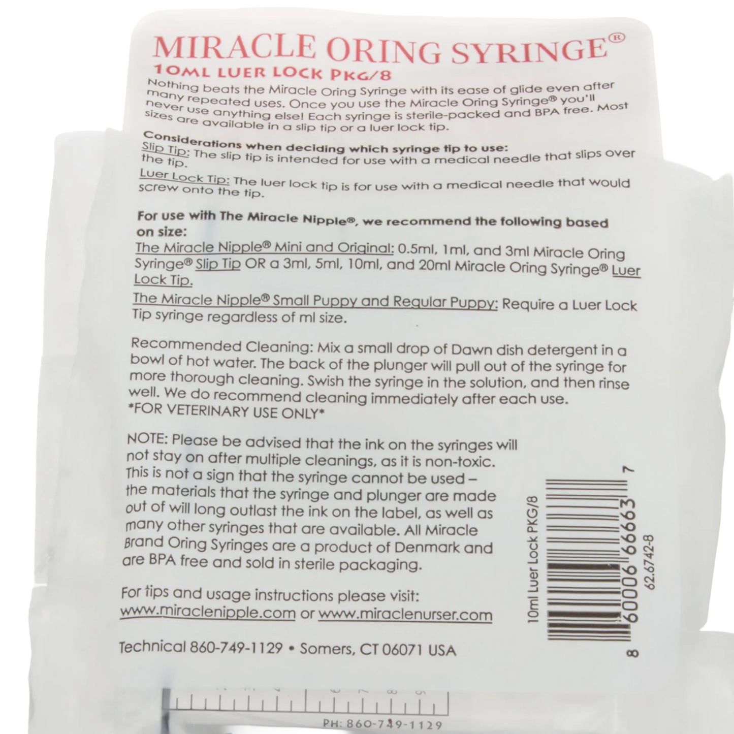 Miracle Nipple O-ring Syringe,"Back of syringe package with instructions and barcode"