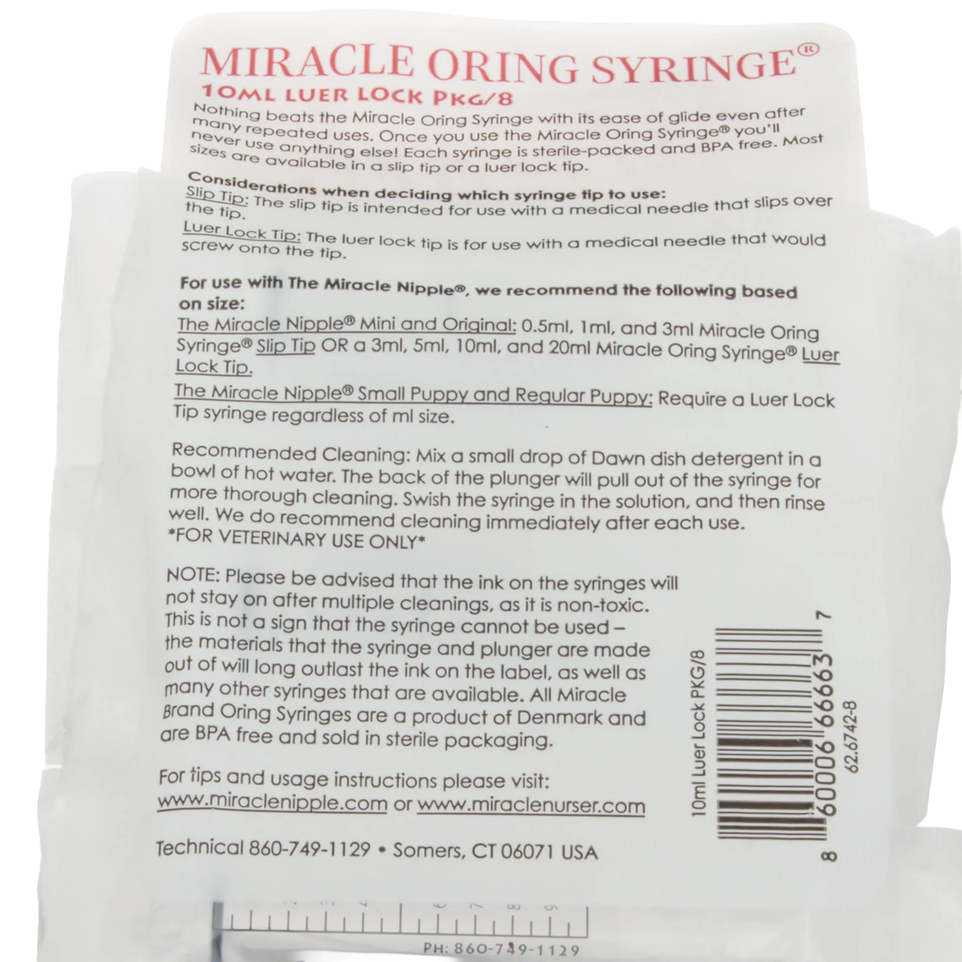Miracle Nipple O-ring Syringe,"Back of syringe package with instructions and barcode"