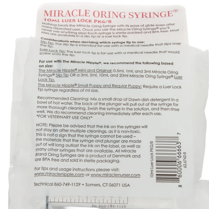 Miracle Nipple O-ring Syringe,"Back of syringe package with instructions and barcode"