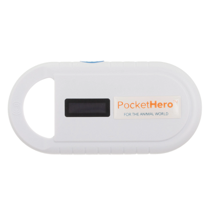 Pocket Hero™ ISO Microchip Scanner,"White handheld microchip scanner with display screen"