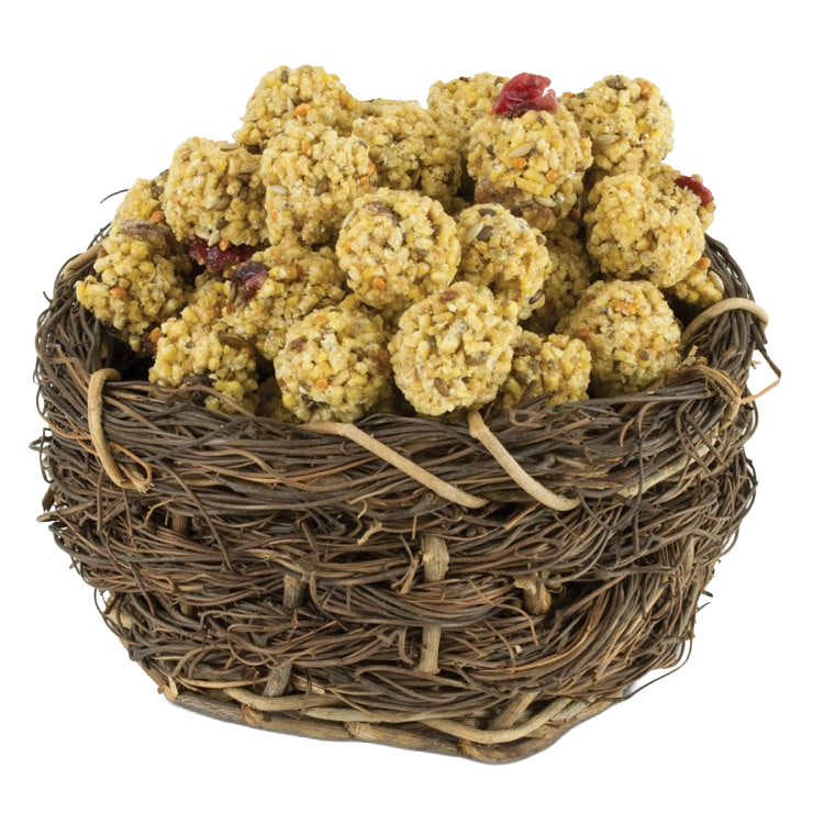 Lafeber Pellet-Berries Sunny Orchard,"Round pellet treat balls in a woven basket"