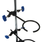 Support Stand and Ring for embryo filters,"Black support stand with two ring clamps and blue adjustment knobs"