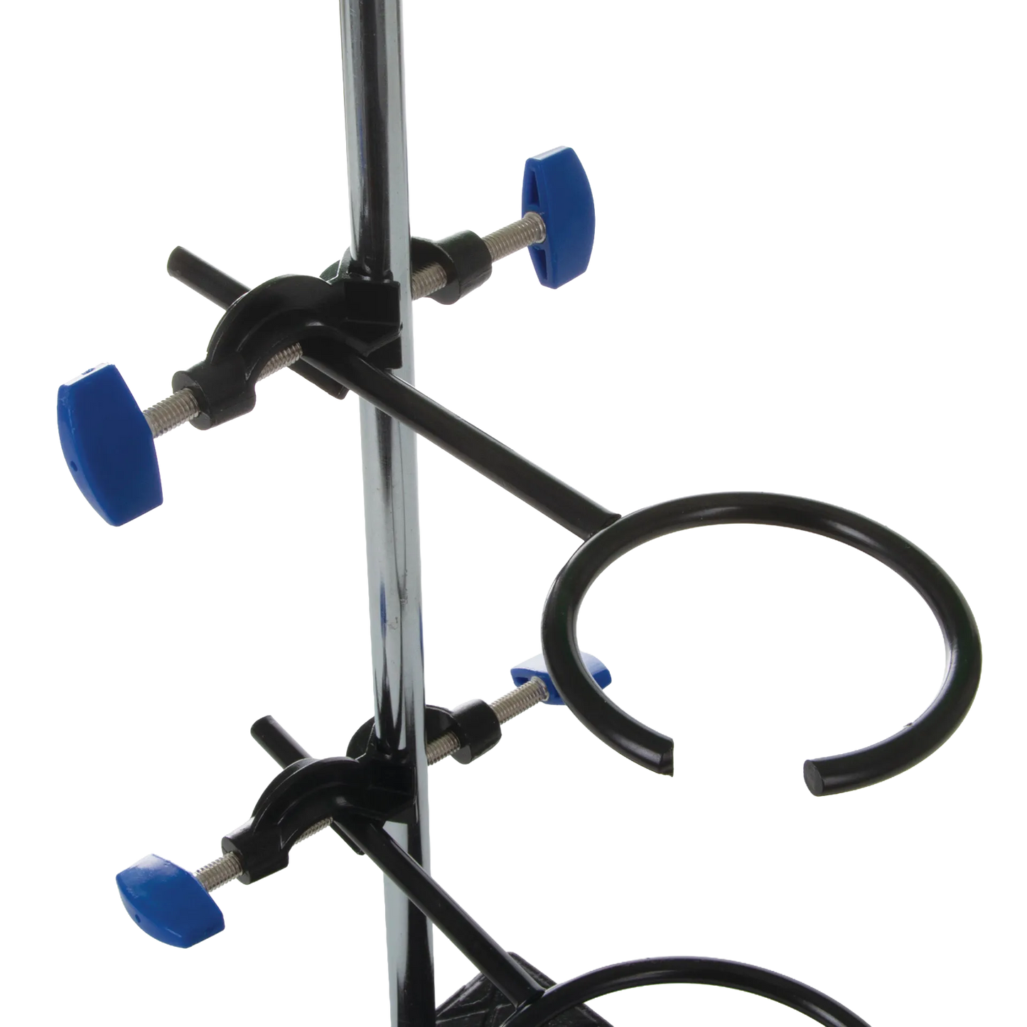 Support Stand and Ring for embryo filters,"Black support stand with two ring clamps and blue adjustment knobs"