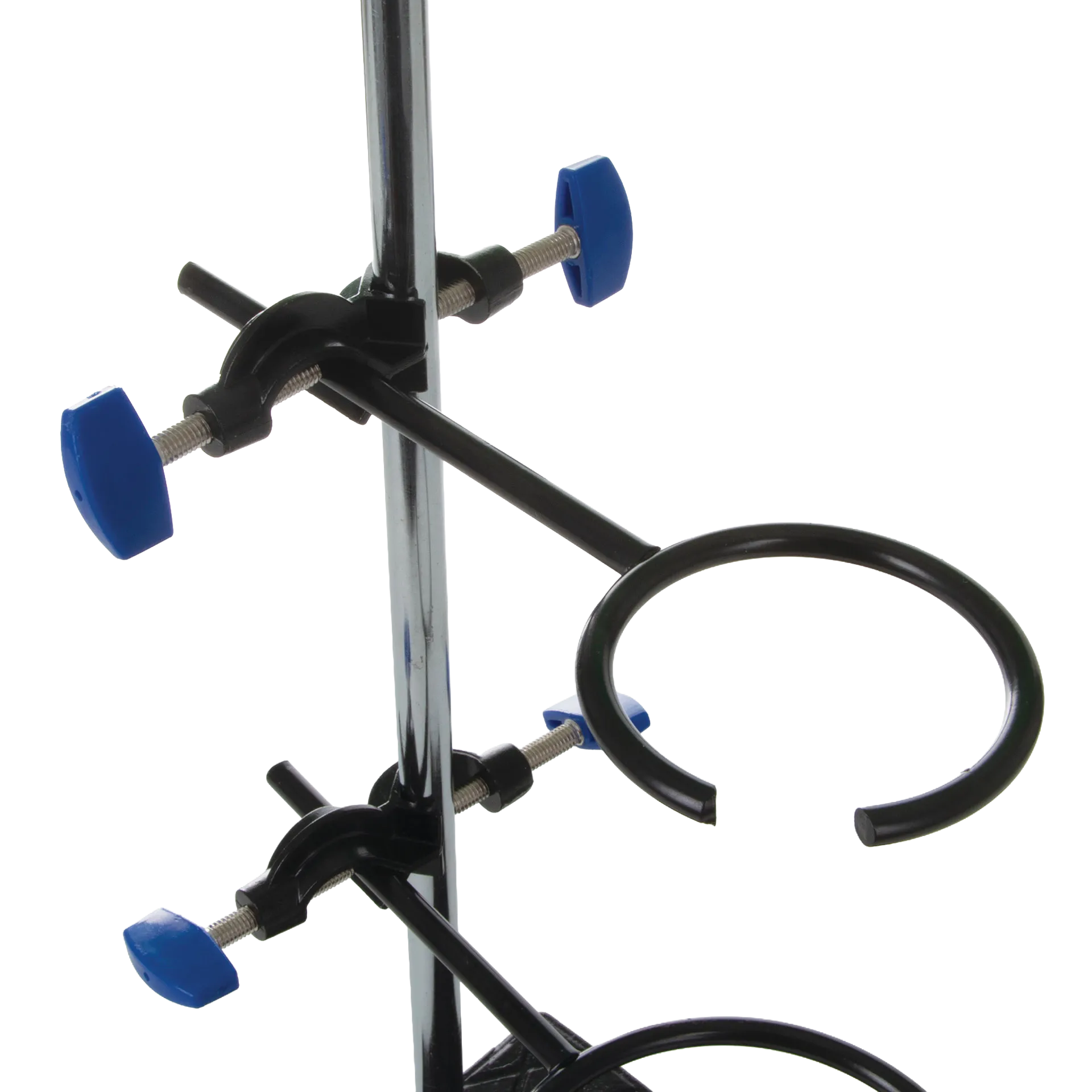Support Stand and Ring for embryo filters,"Black support stand with two ring clamps and blue adjustment knobs"
