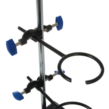 Support Stand and Ring for embryo filters,"Black support stand with two ring clamps and blue adjustment knobs"