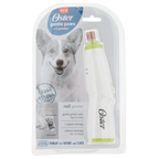 Oster® Gentle Paws™ Premium Nail Trimmer,"White pet nail grinder in blister pack with green accents"