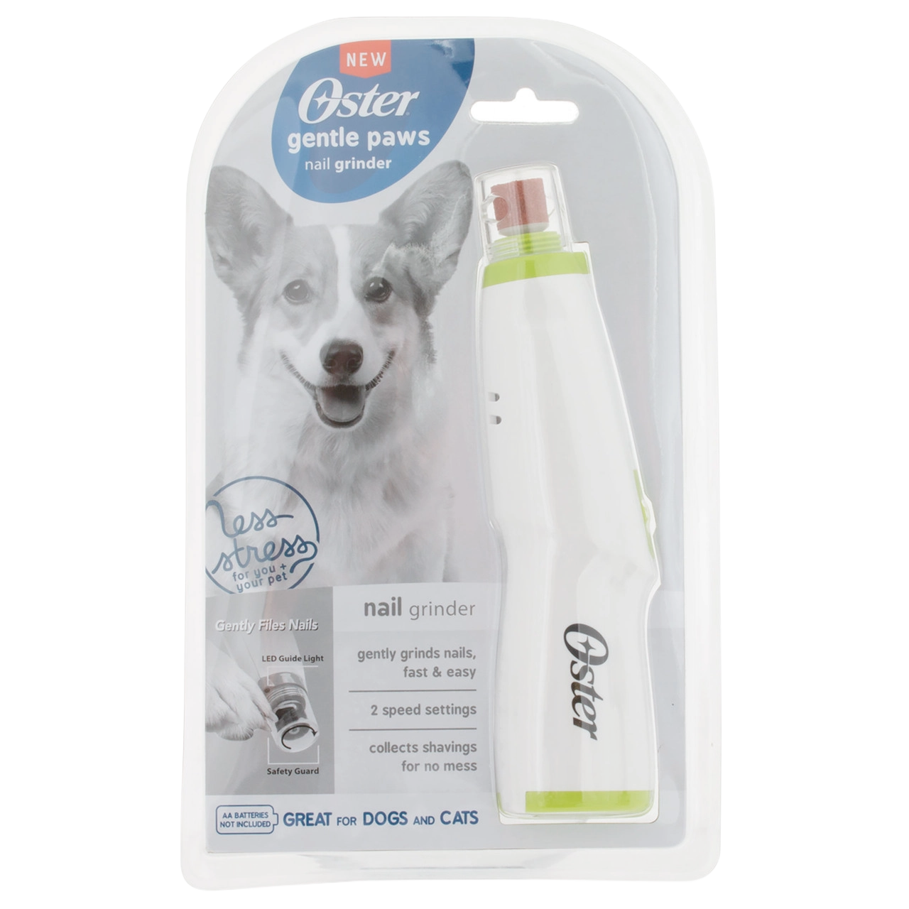 Oster® Gentle Paws™ Premium Nail Trimmer,"White pet nail grinder in blister pack with green accents"
