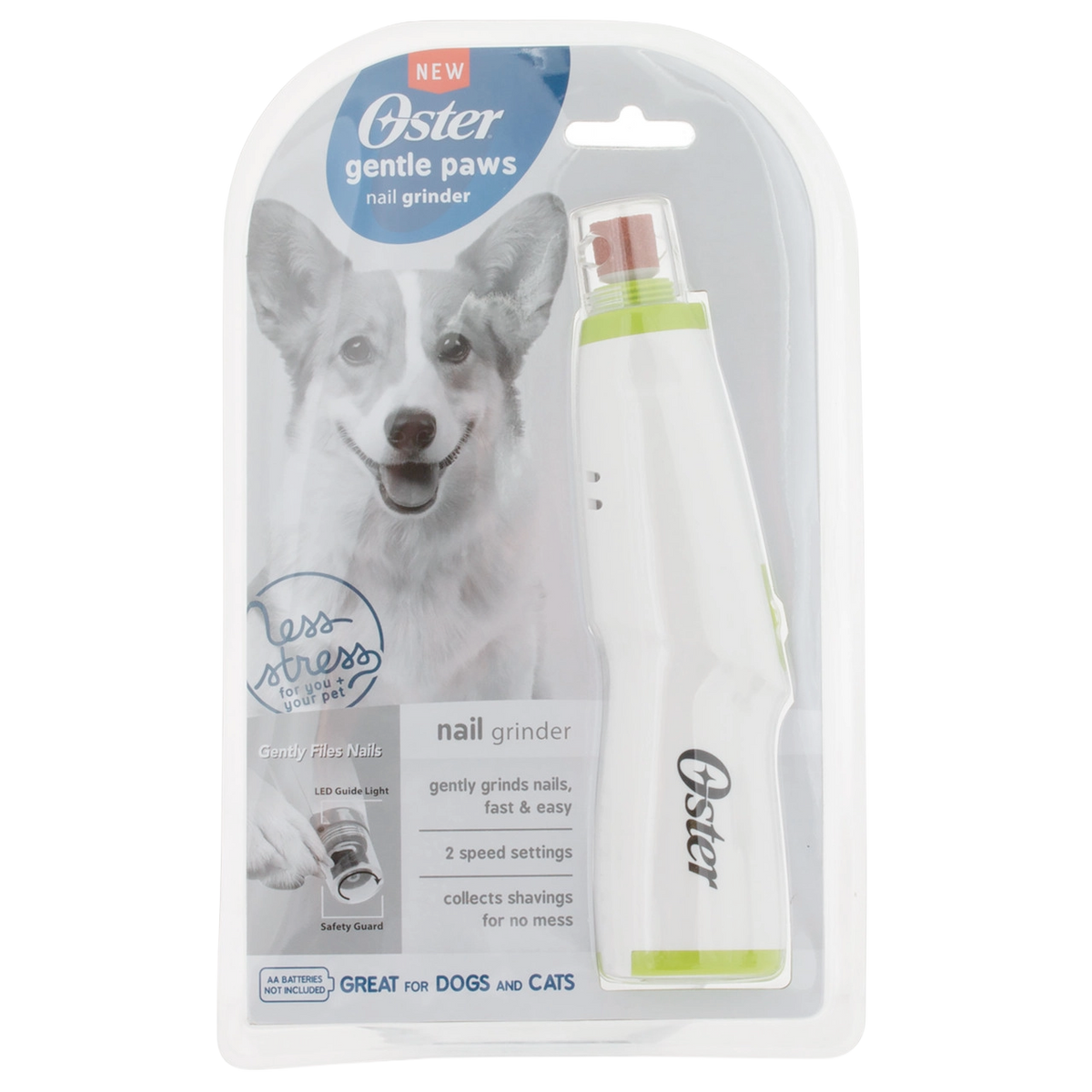 Oster® Gentle Paws™ Premium Nail Trimmer,"White pet nail grinder in blister pack with green accents"