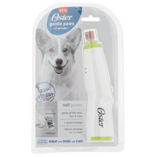 Oster® Gentle Paws™ Premium Nail Trimmer,"White pet nail grinder in blister pack with green accents"