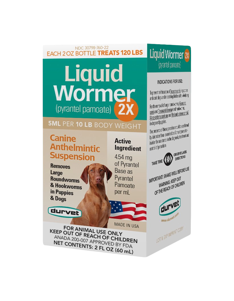 Liquid Wormer™ 2X,"Teal and white product box with dog photo and side panel"