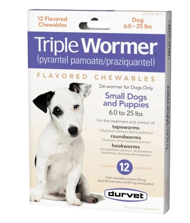 Triple Wormer®,"Front view of product box with dog image and 12 chewables"