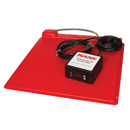 Pet Heat Mat with Thermostat,"Red heat mat with attached temperature controller and cords"