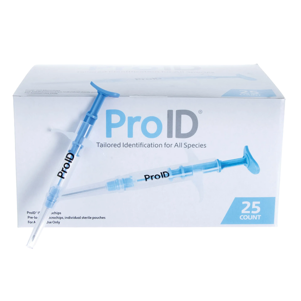 ProID® ISO Microchips,"Box with two blue syringe-style applicators, front view"