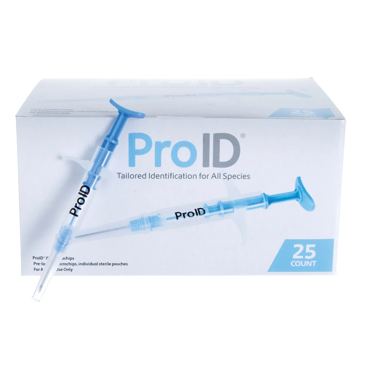ProID® ISO Microchips,"Box with two blue syringe-style applicators, front view"