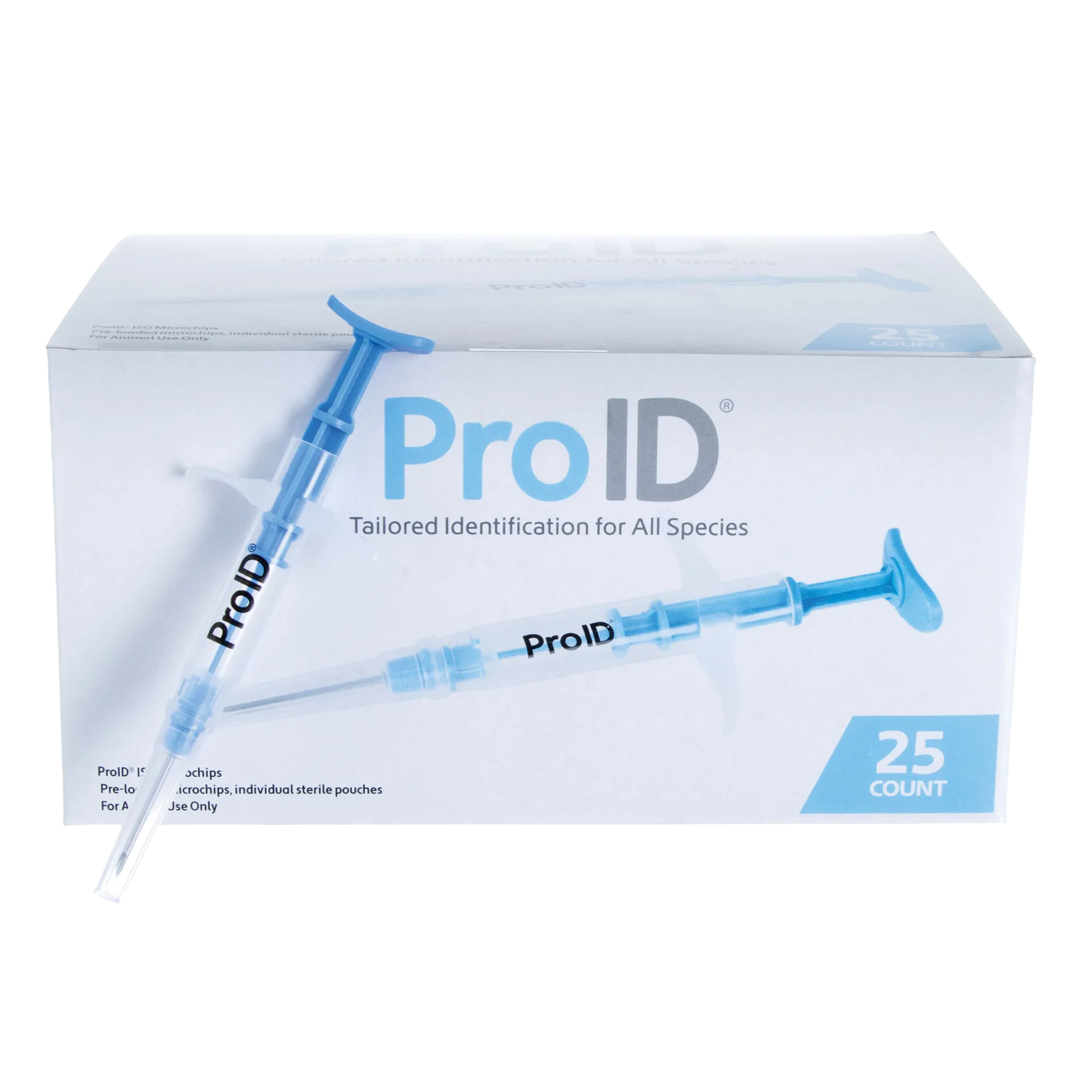 ProID® ISO Microchips,"Box with two blue syringe-style applicators, front view"