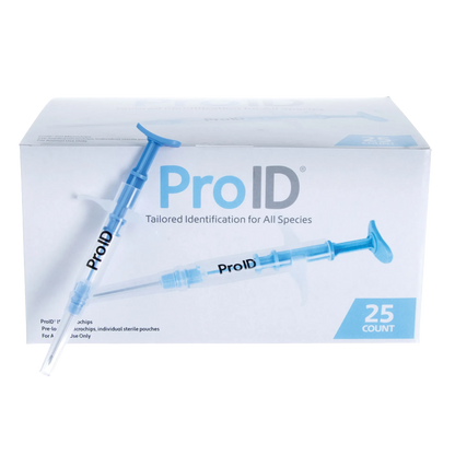 ProID® ISO Microchips,"Box with two blue syringe-style applicators, front view"