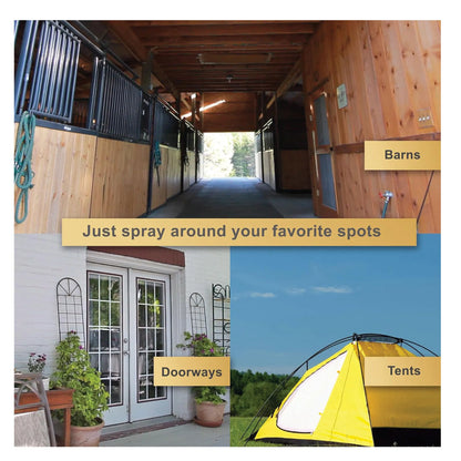 UltraShield® EX Insecticide & Repellent,"Bottle shown in barn doorway and yellow tent usage scene"